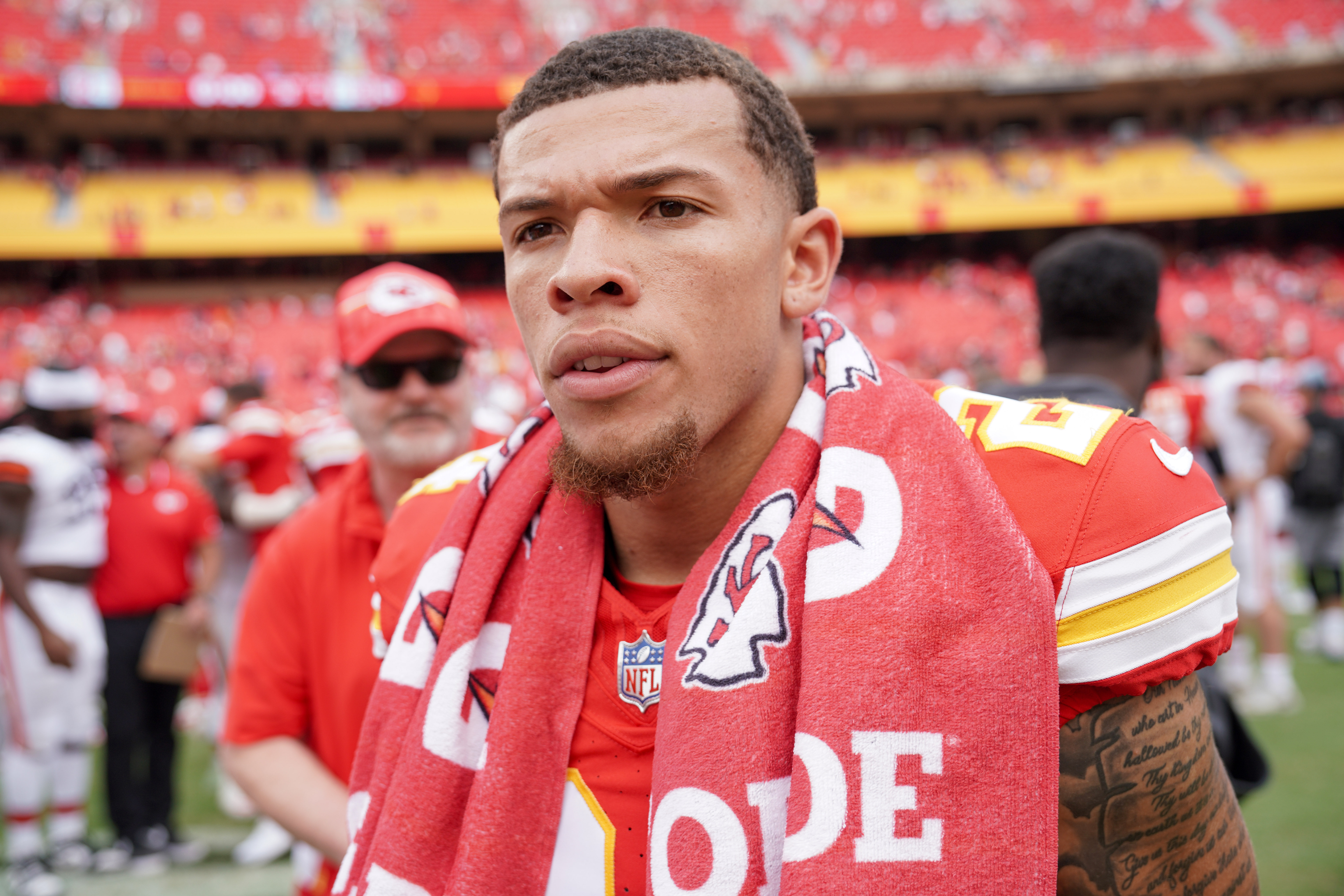 Aug 26, 2023; Kansas City, Missouri, USA; Kansas City Chiefs wide receiver Skyy Moore (24) leaves the field after a game against the Cleveland Browns at GEHA Field at Arrowhead Stadium. Mandatory Credit: Denny Medley-USA TODAY Sports  